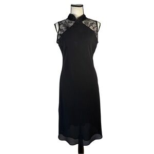 Vintage 90s Sally USA Black Lace Mandarin Collar Midi Dress | Made in USA | Size